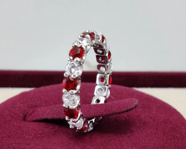 Ruby & Diamond 14K White Gold Over Wedding Anniversary Full Eternity Band Ring