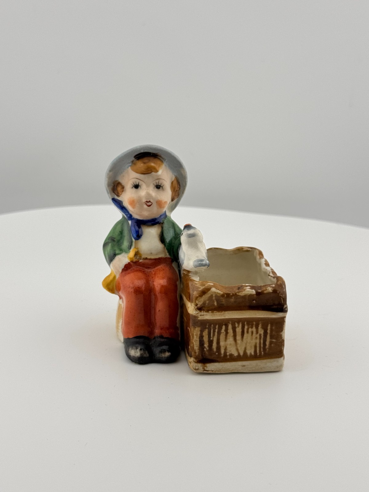 Vintage Occupied Japan Child Bird Basket Planter Ceramic Figurine Vase