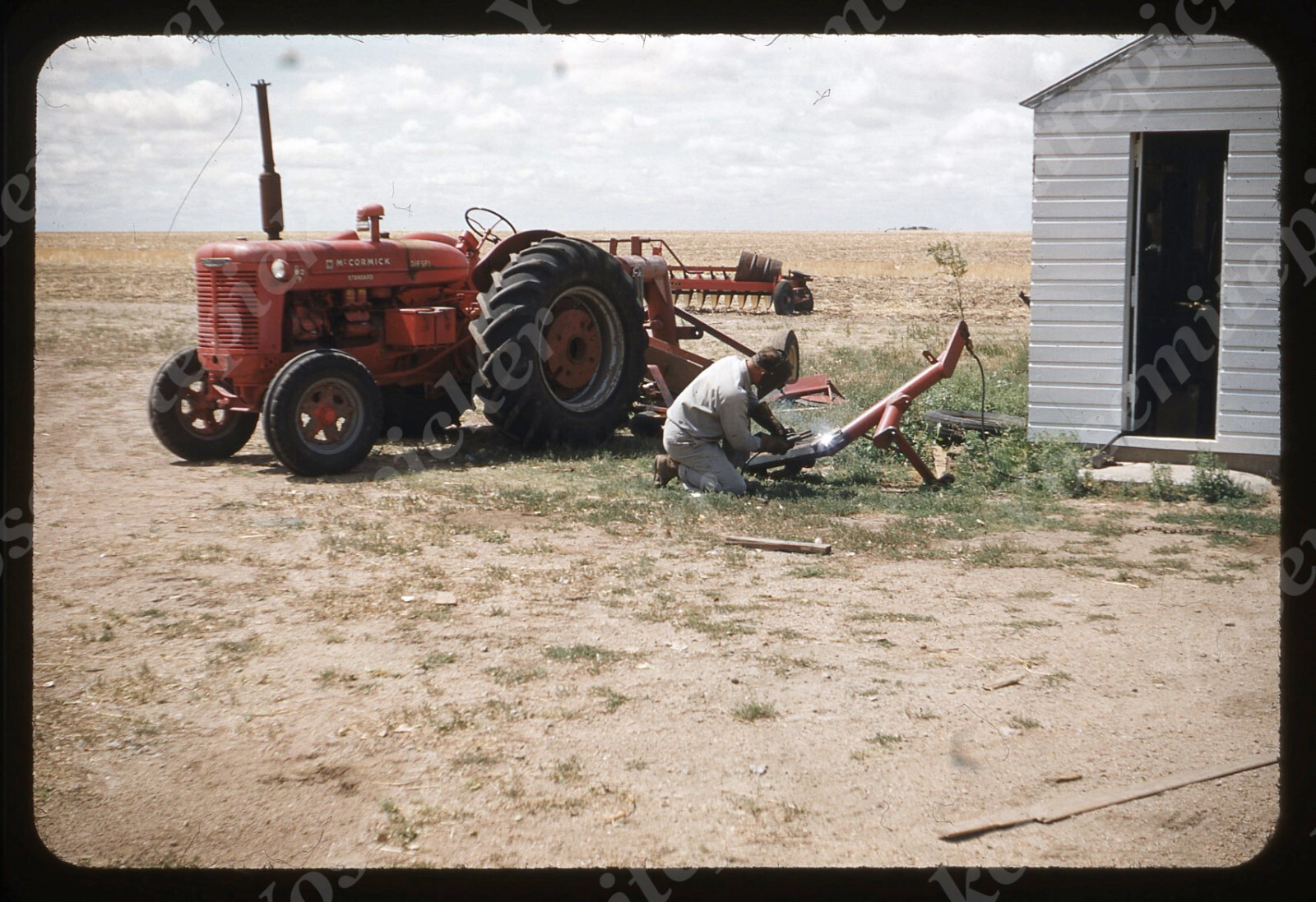 sl05 Original Slide 1950’s Red Kodachrome McCormick Tractor farm 158a