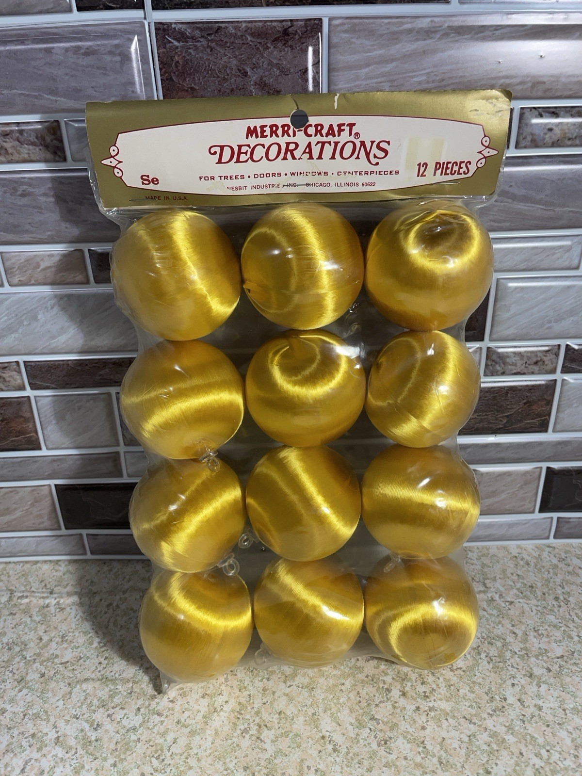 12 Vintage Satin Christmas Ornaments Gold 2″ Merri-Craft USA New
