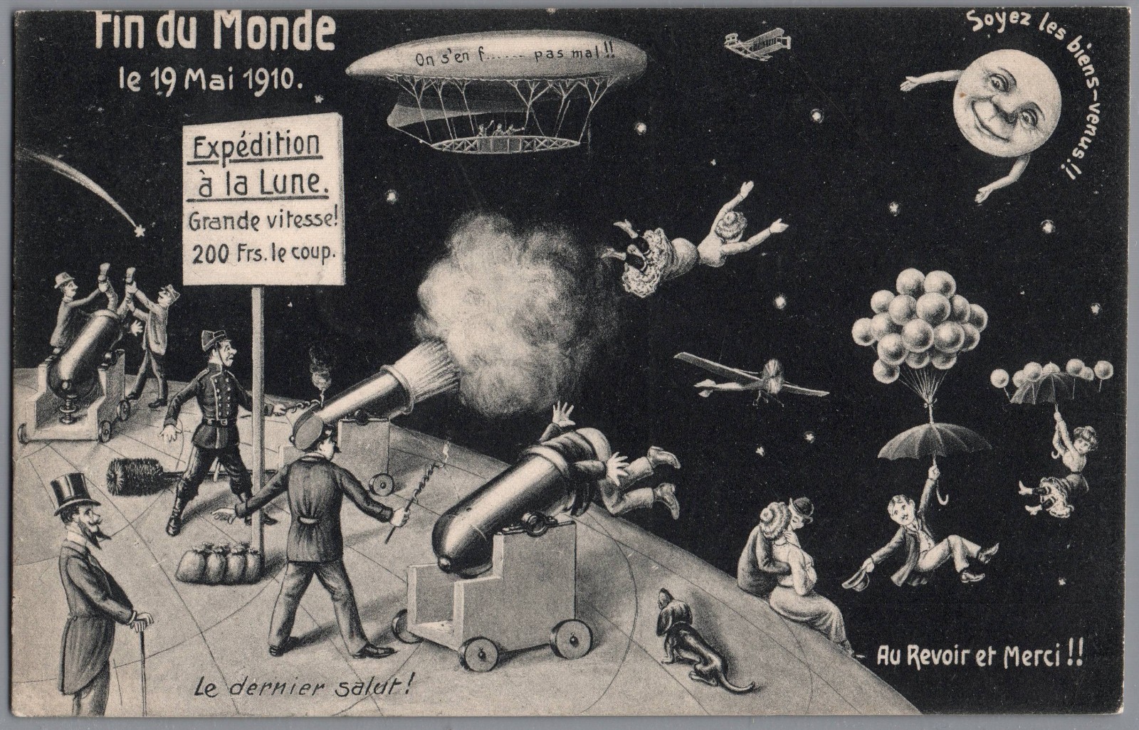 1910 Expedition to the Moon Cannons Zeppelin Blimp Humor Picture Postcard Belges