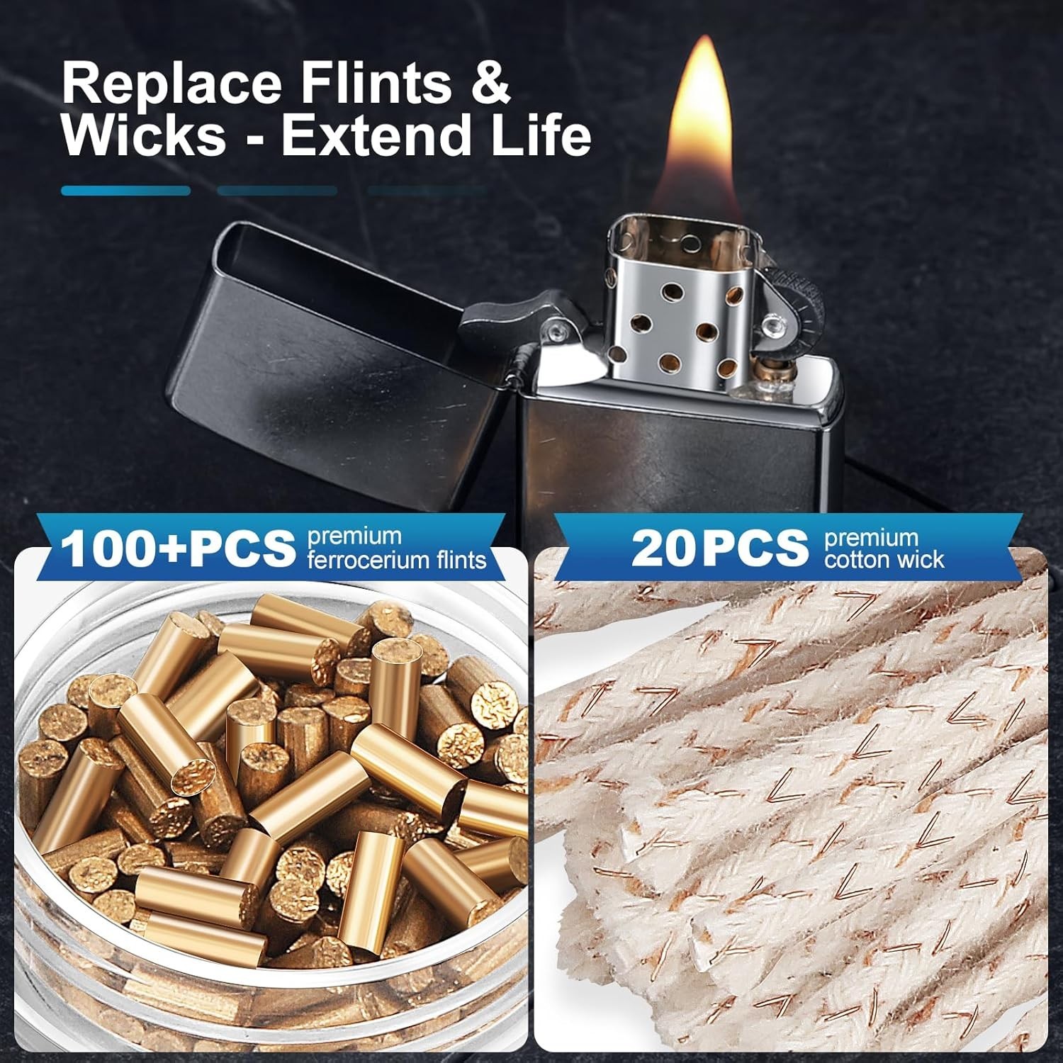 Lighter Flints 100+ Pcs and Cotton Wicks 20 Pcs, Premium Lighter Repair Kit, Com