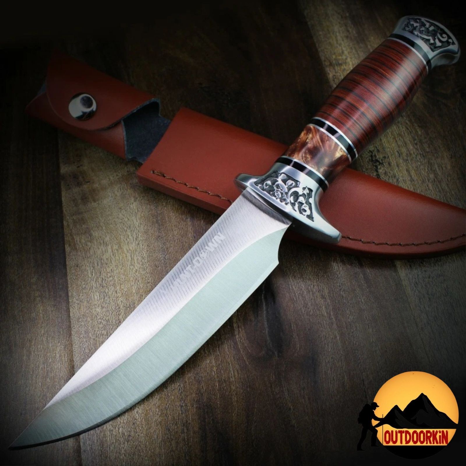 12″ COMBAT Hunt-Down Fixed Blade BOWIE Knife w/ WOOD Handle Hunting SURVIVAL