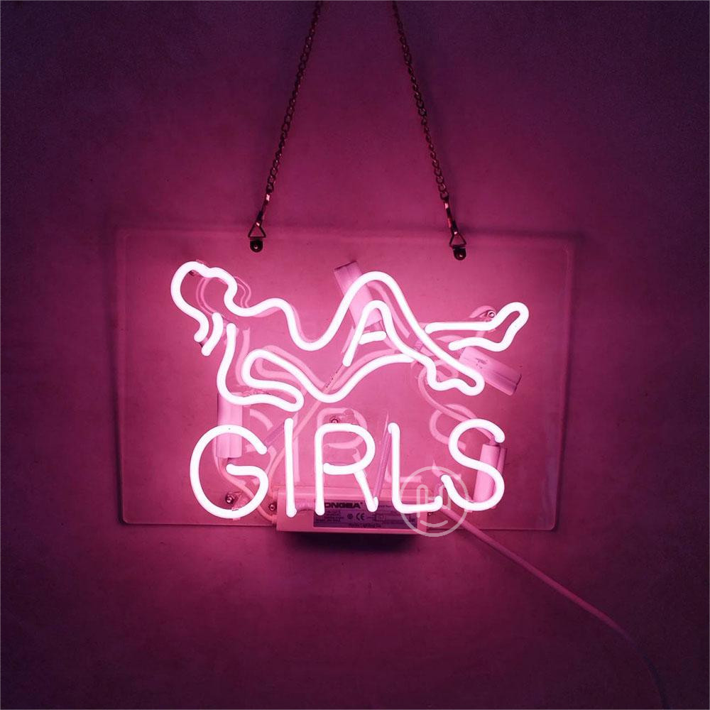 Girls Pink Neon Sign Light Handmade Real Glass Tube Visual Artwork Decor 20″