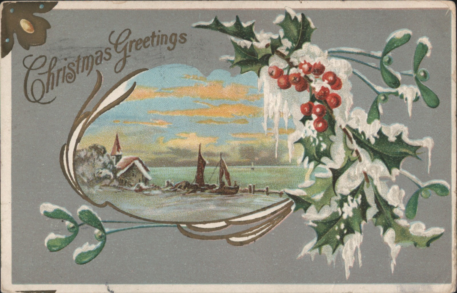 XMAS Christmas Greetings with Holly, Mistletoe, Winter Scene, Boats & Icicles