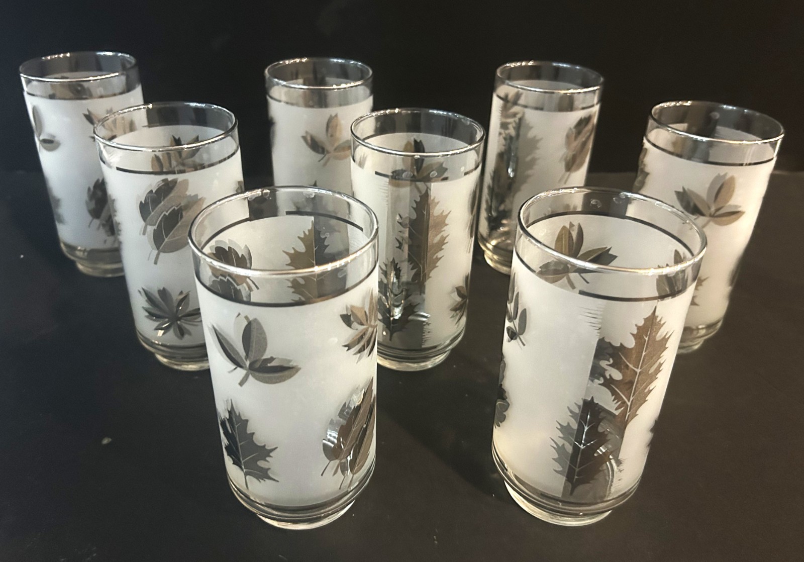 Vintage Libbey Silver Leaf Tumbler Glasses Set of 8 MCM Frosted 12 Ounce Barware