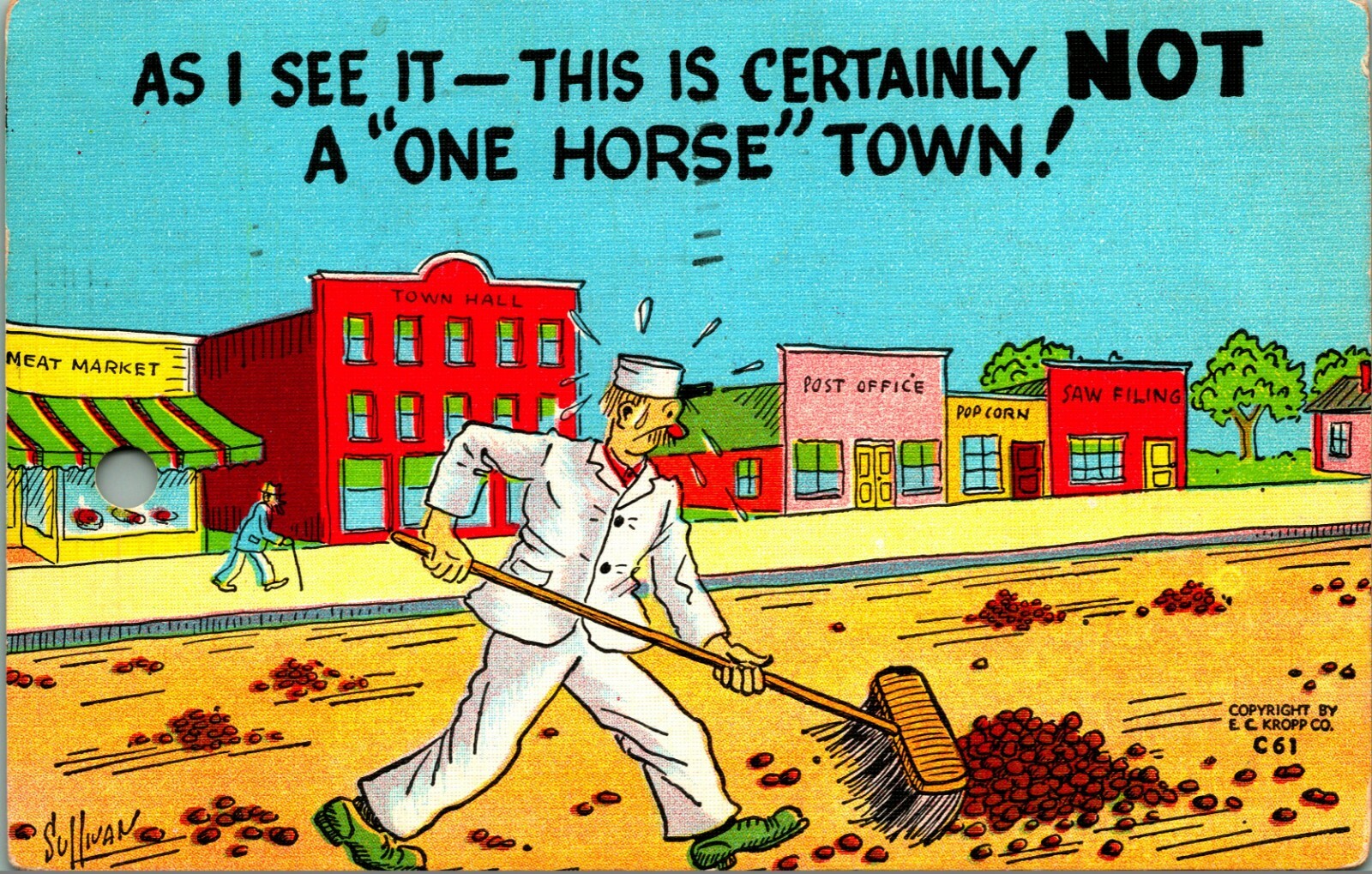 Comic Sweeping Horse Poop Not a One Horse Town Linen Postcard
