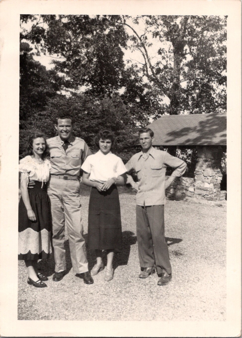 Vintage 1940s Snapshot Photo Four Young Adults Friends Outdoors Group Portrait