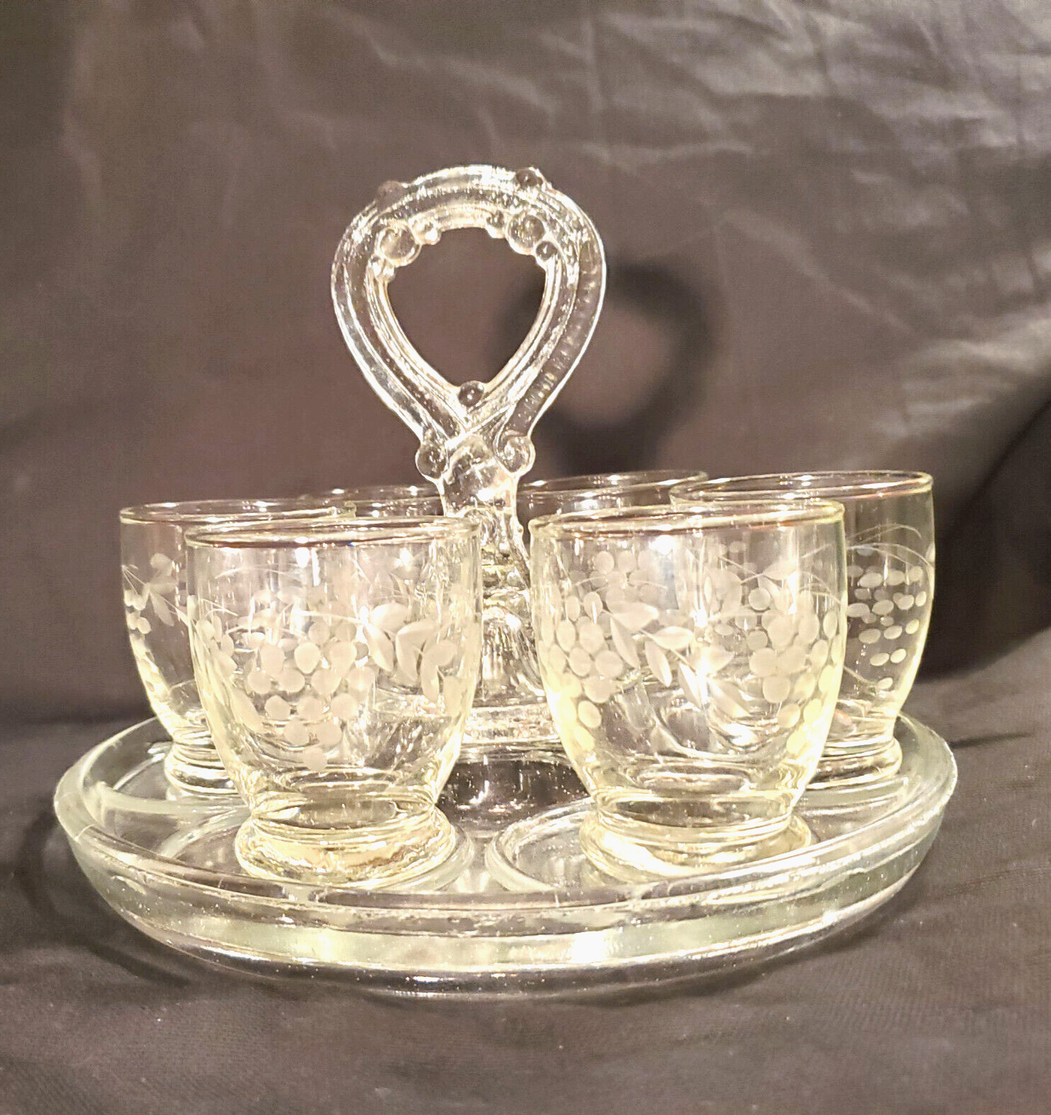 Vintage Liquor Cordial Set of 6 Hand Blown and Etched Glass with Carrier Rare