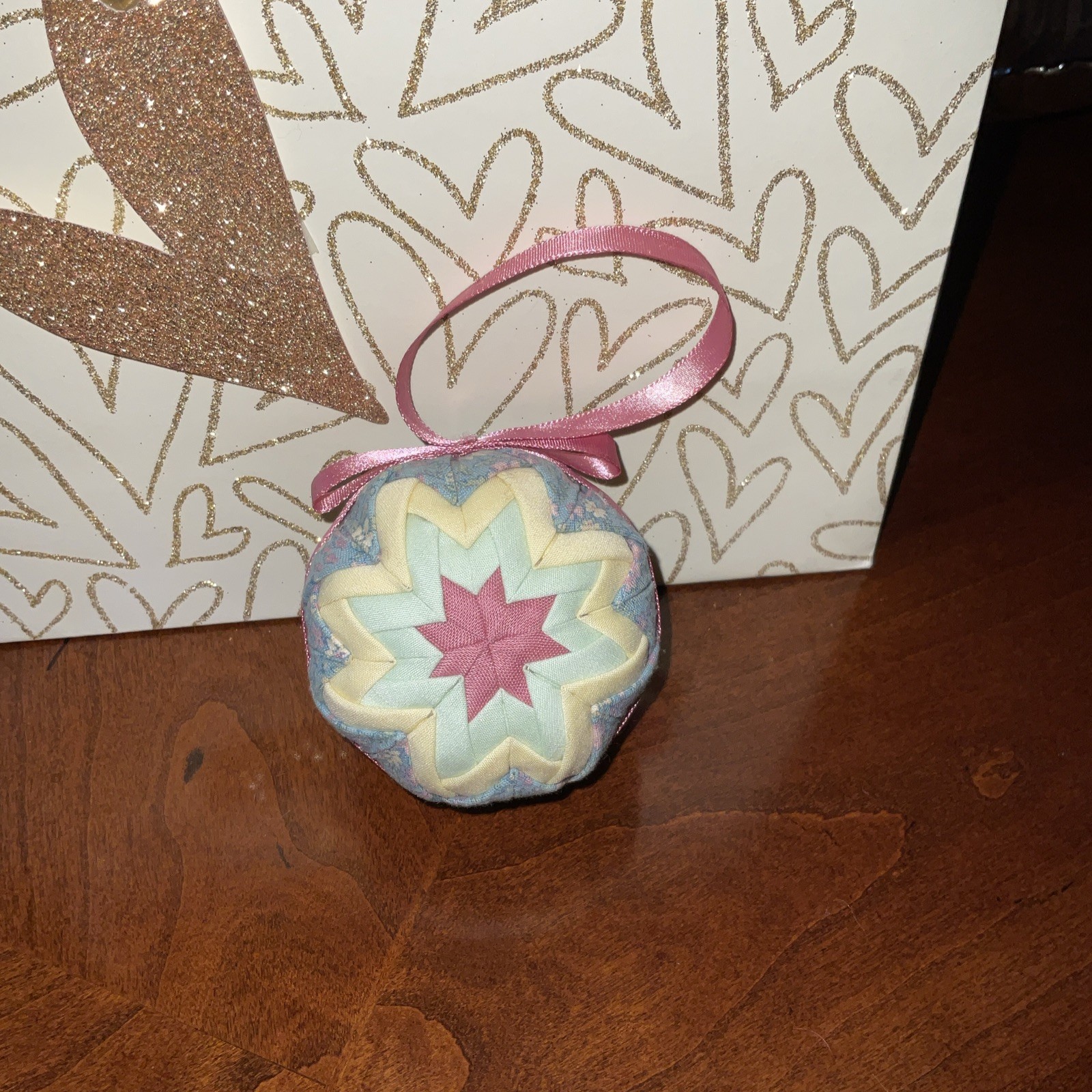 Handmade Folded Star Quilted Ball 2” Ornament Pink Blue yellow Floral Cottage