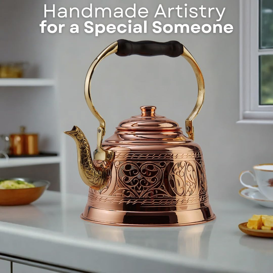 Handmade 1.6-Quart Engraved Solid Copper Teapot Kettle – Heavy Gauge