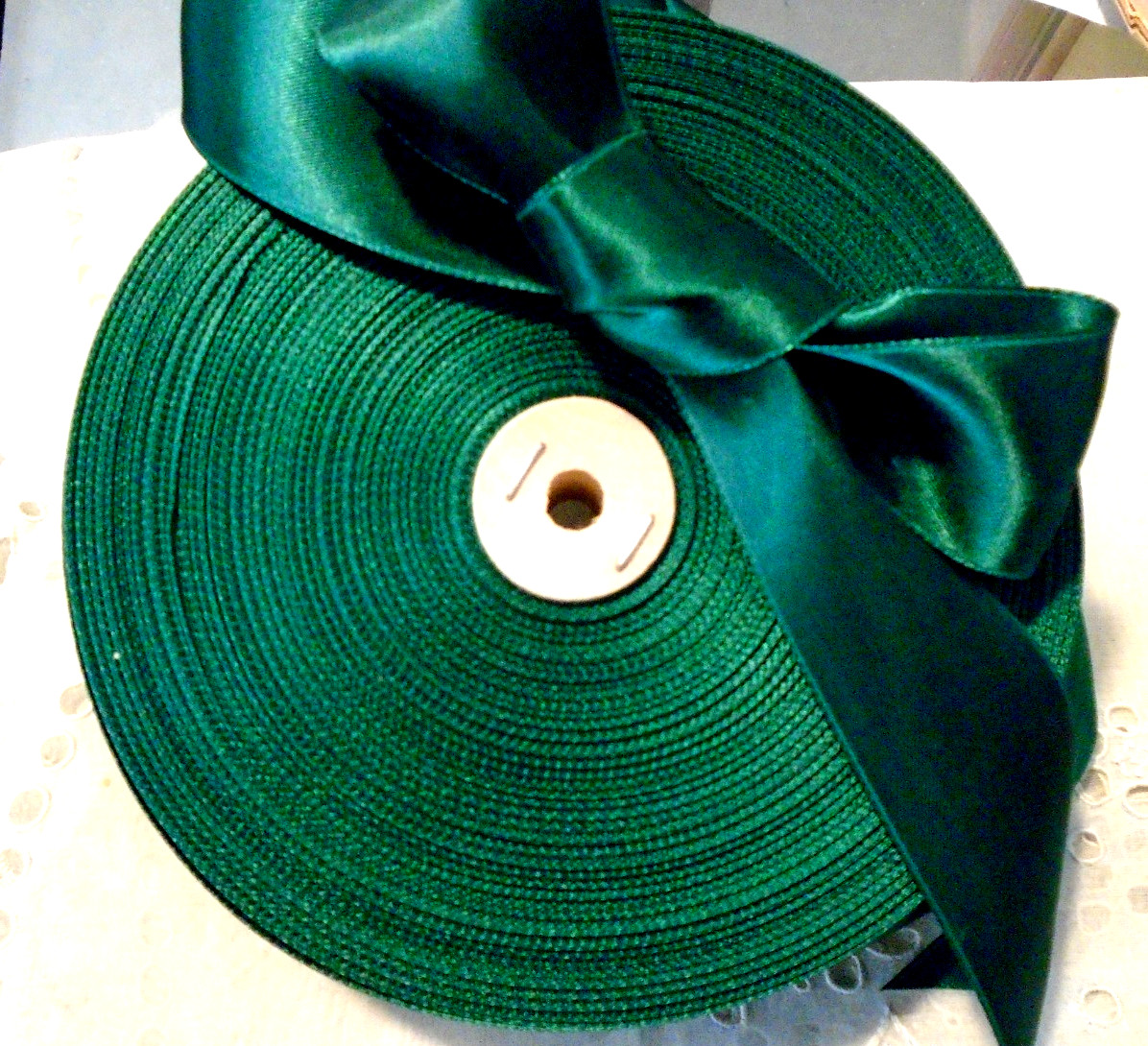 1-1/2″ wide VINTAGE double face satin HUNTER GREEN ribbon – by the yard