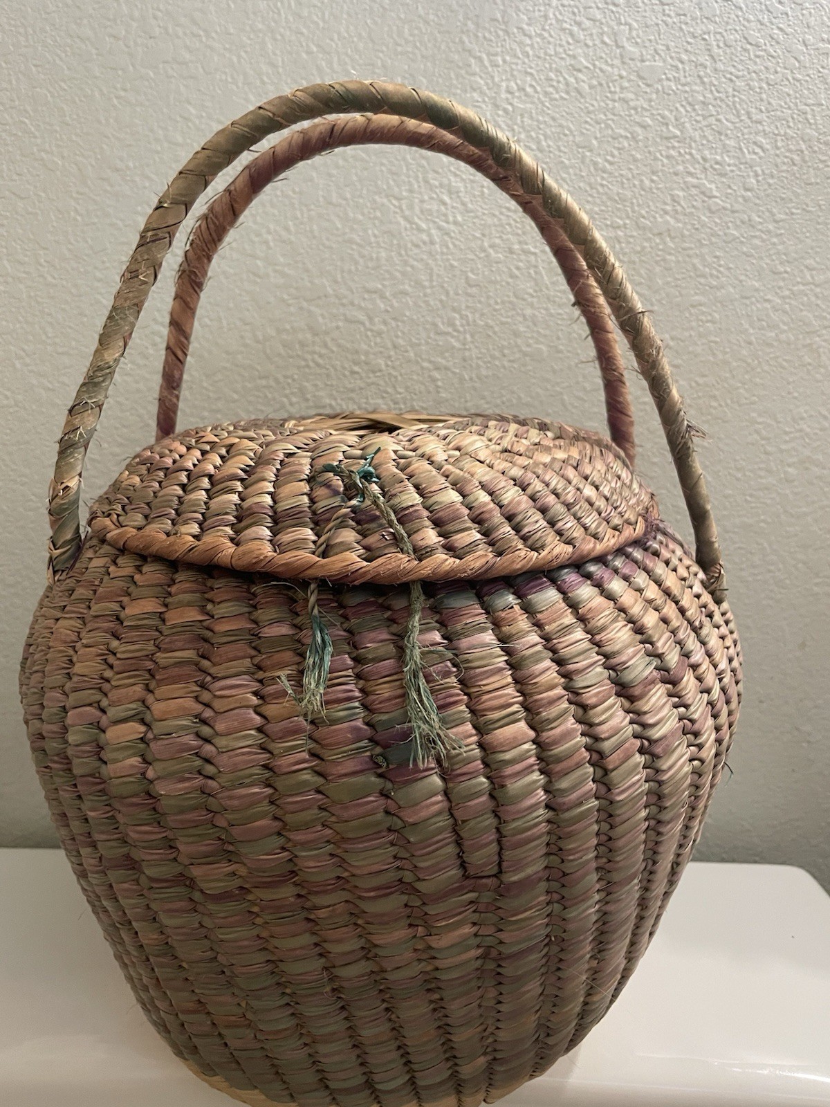 Beautiful Vintage Woven Basket With Lid & Handles, Snake Charmers Basket