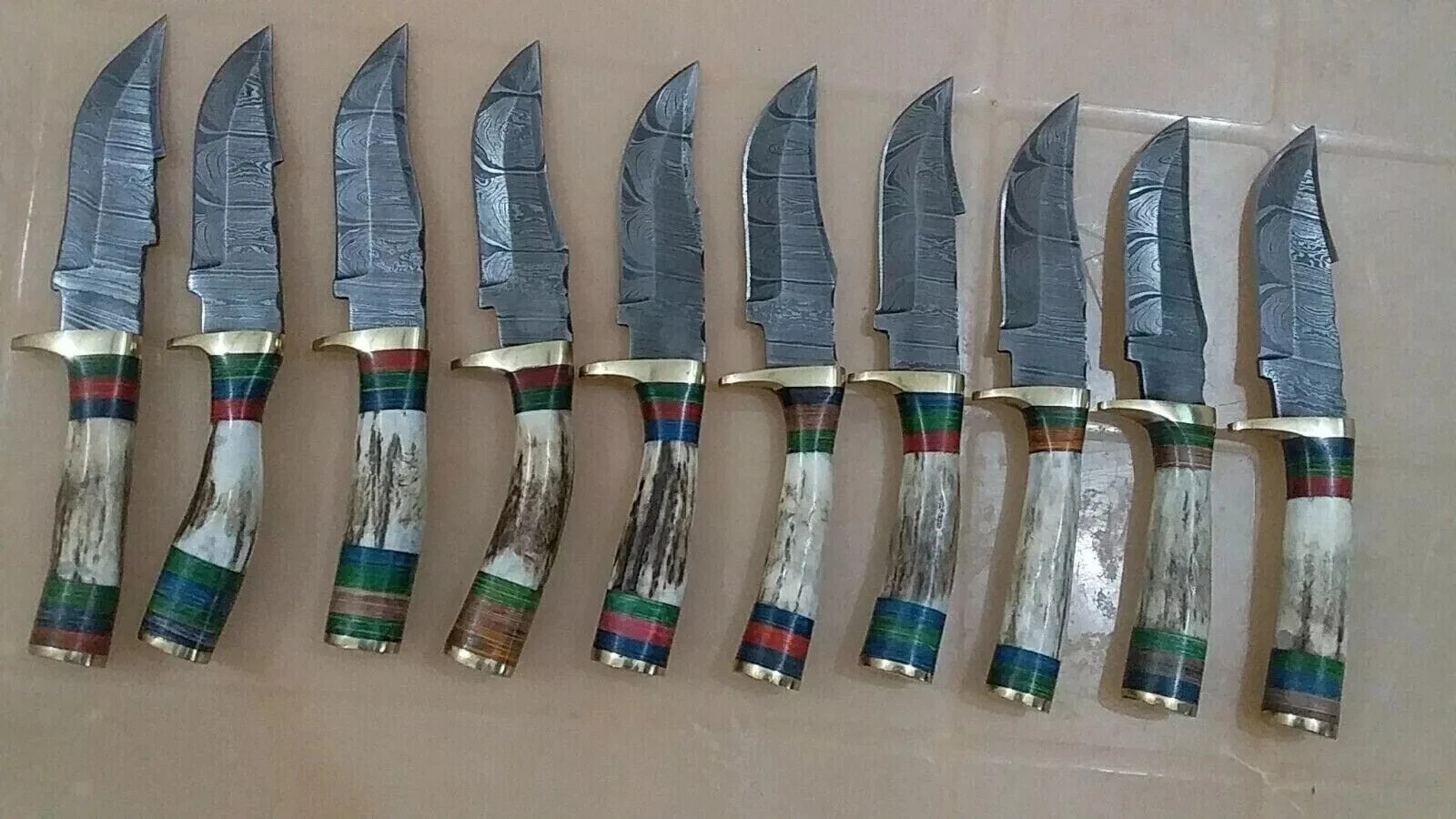 LOT OF 10, 10 inches Handmade Damascus Steel Skinner Knives Stag horn + Sheath