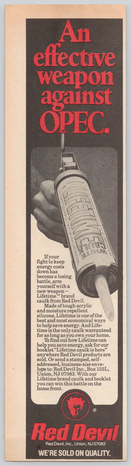 Red Devil Lifetime Caulk Acrylic Silicone Energy 1983 Vintage Print Ad