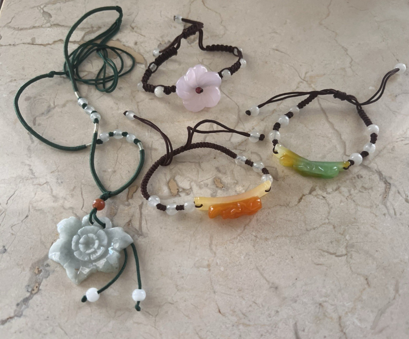Multi Colored Jade String Bracelets & Necklace adjustable Lot Flowers