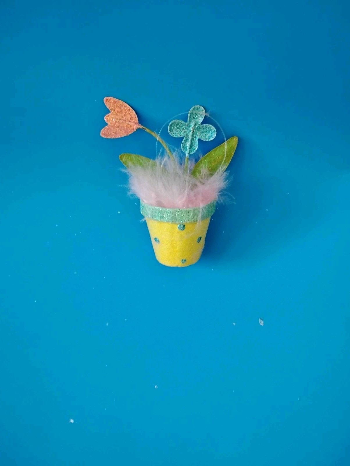 Pier 1 One Small Easter Spring Flowerpot Ornaments Glitter & Feathers Set Of 3