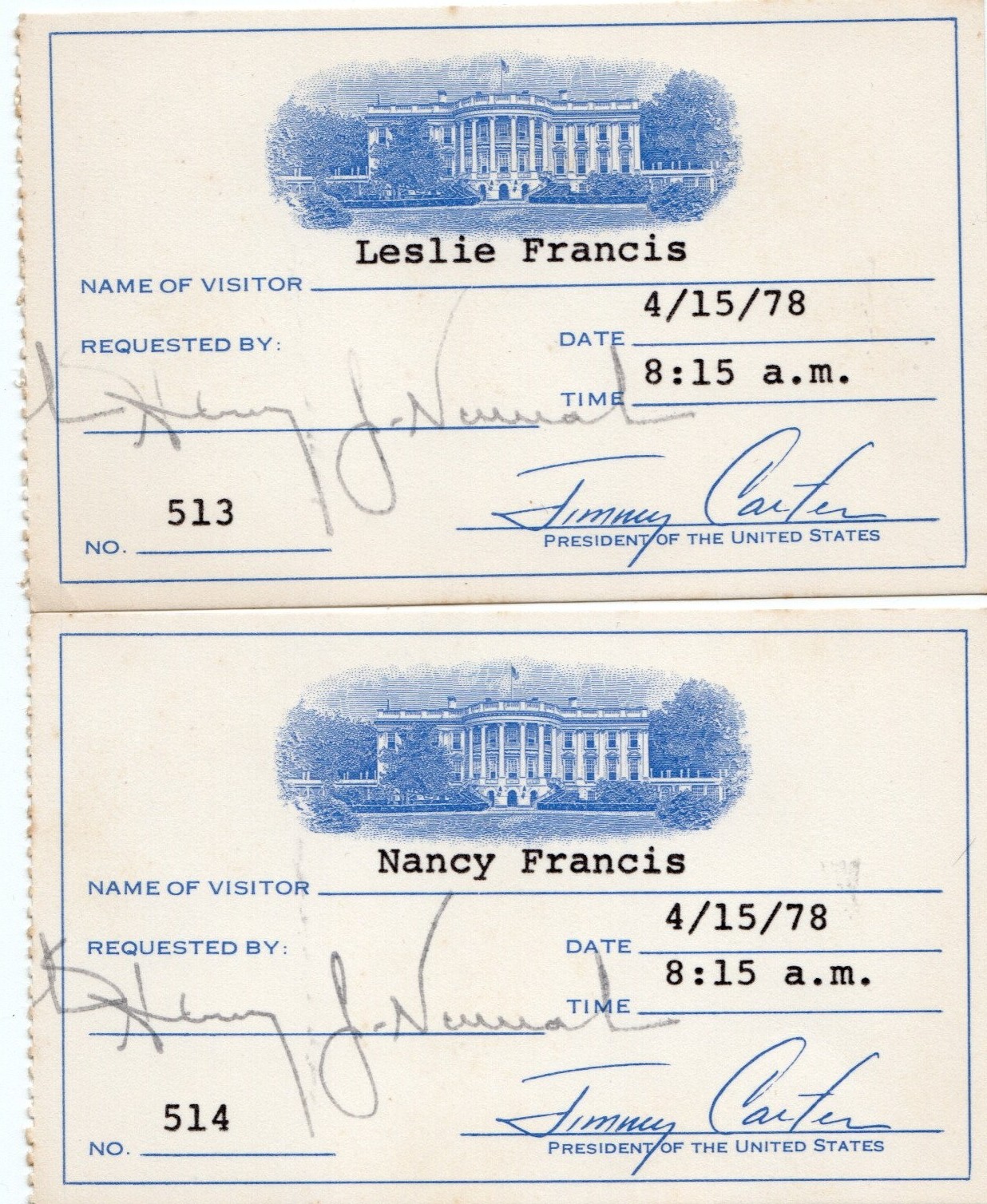 Vintage 1978 White House Visitor Passes Signed Jimmy Carter