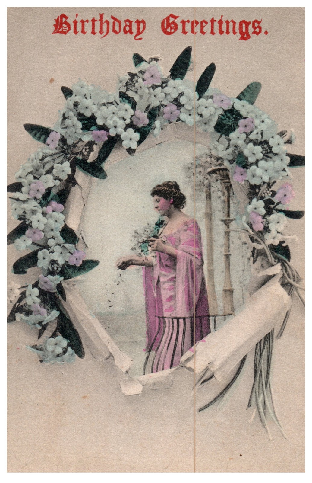 Vintage Birthday Greetings Woman Flowers Hand Tinted Art Nouveau Postcard