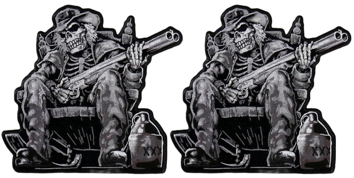 Skeleton Skull Shotgun Drunk Cowboy Embroidered Patch | 2PC IRON ON SEW 4″x4″