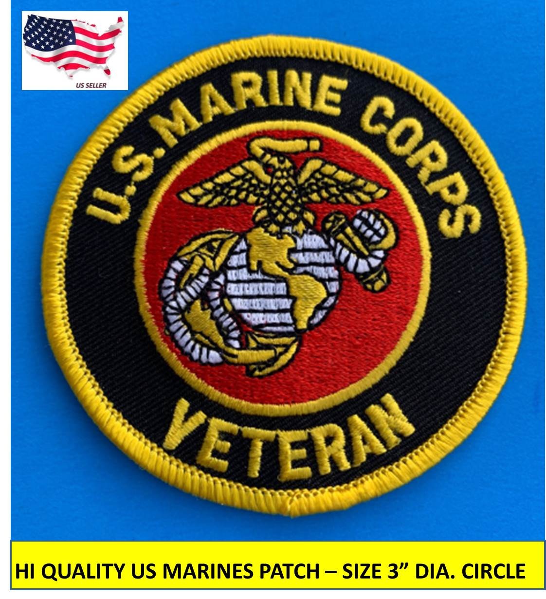 USMC VETERAN US MARINE CORPS EMBROIDERED PATCH IRON-ON SEW-ON 3″ ROUND APPLIQUE