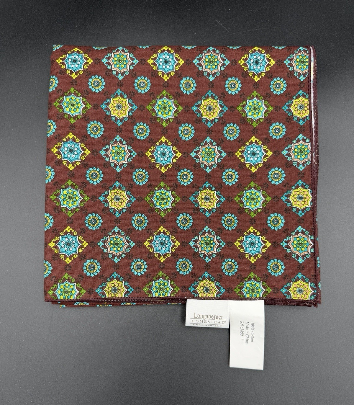 Longaberger Homestead Table Square 36″x36″ RARE Adorn Brown Turquoise Medallions