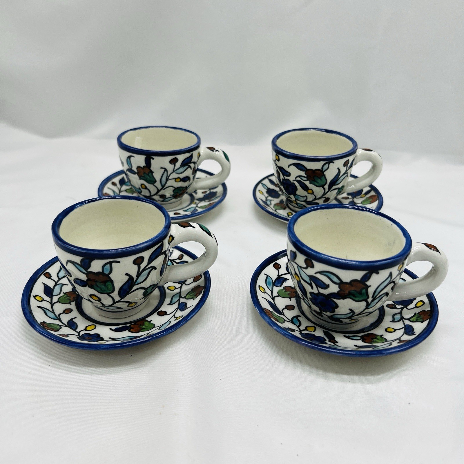 VTG Jerusalem Pottery Espresso Cups Set Of 4 Floral Demitasse Collectible READ