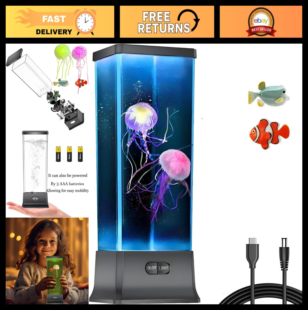 Electric Jellyfish Tank Lamp – Color Changing Mood Light for Kids & Adults, Home