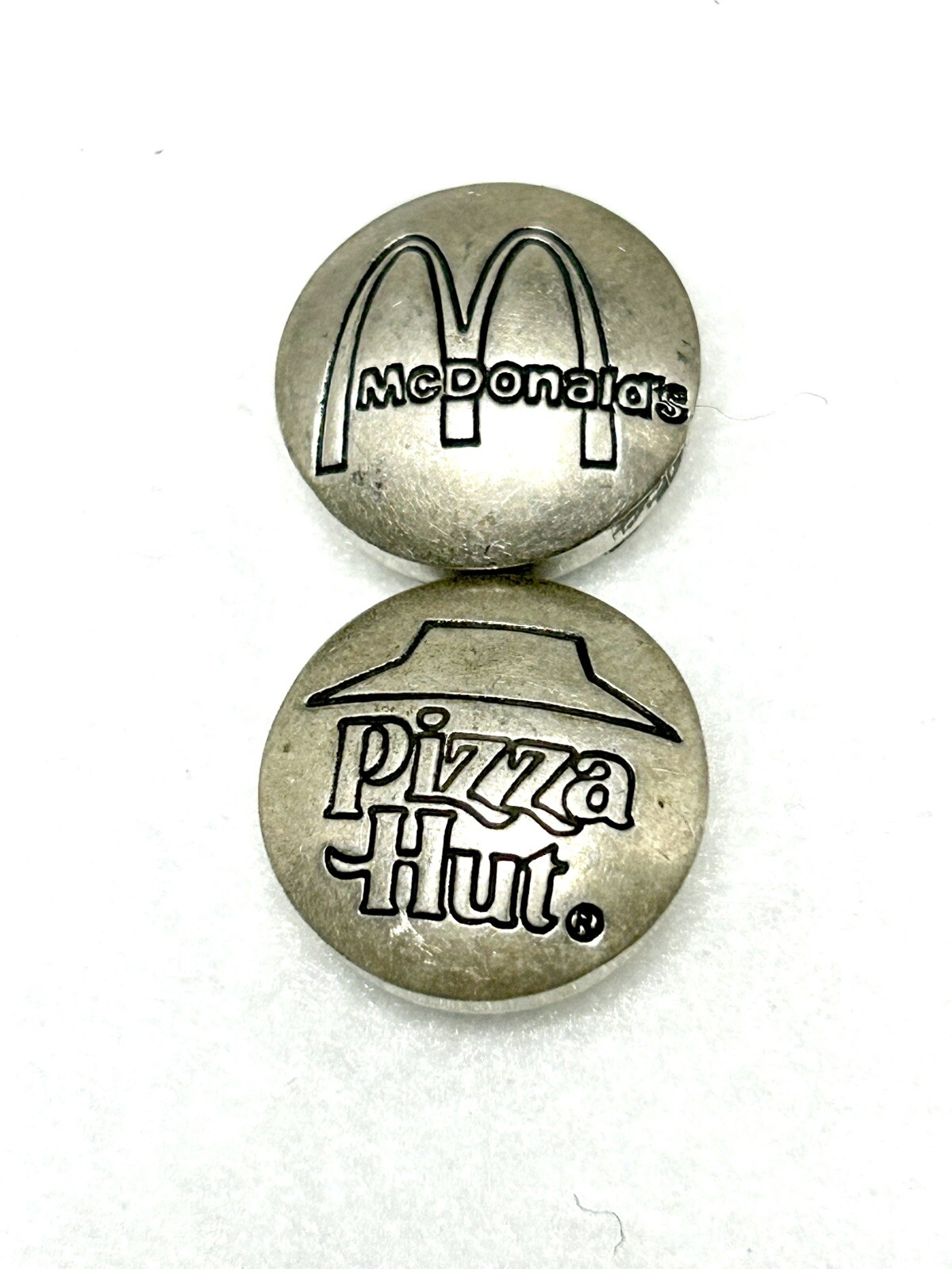 Vintage Fast Food Uniform Button Covers Mc Donald’s Pizza Hut VERY RARE Silver