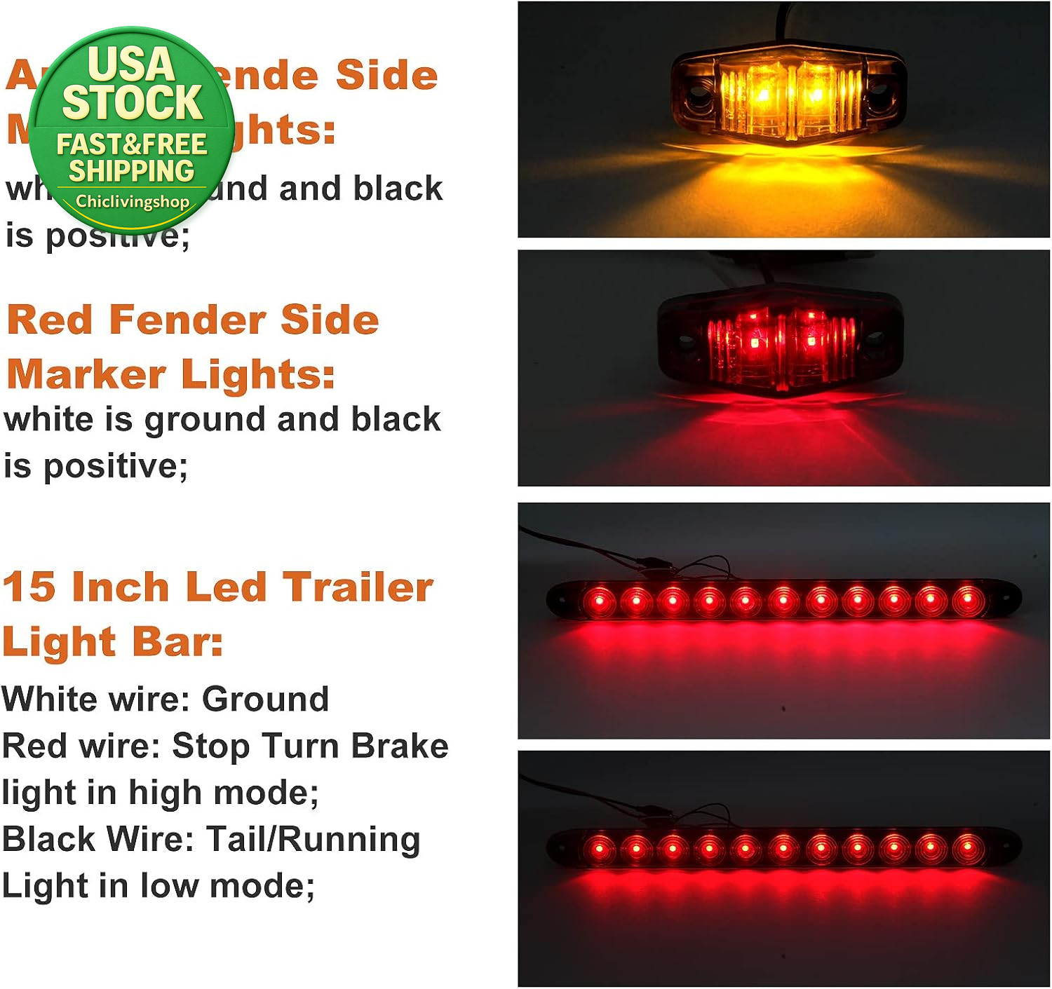 12V Trailer LED Light Kit with Square RGB LED Tail Lights and 25Ft Wiring