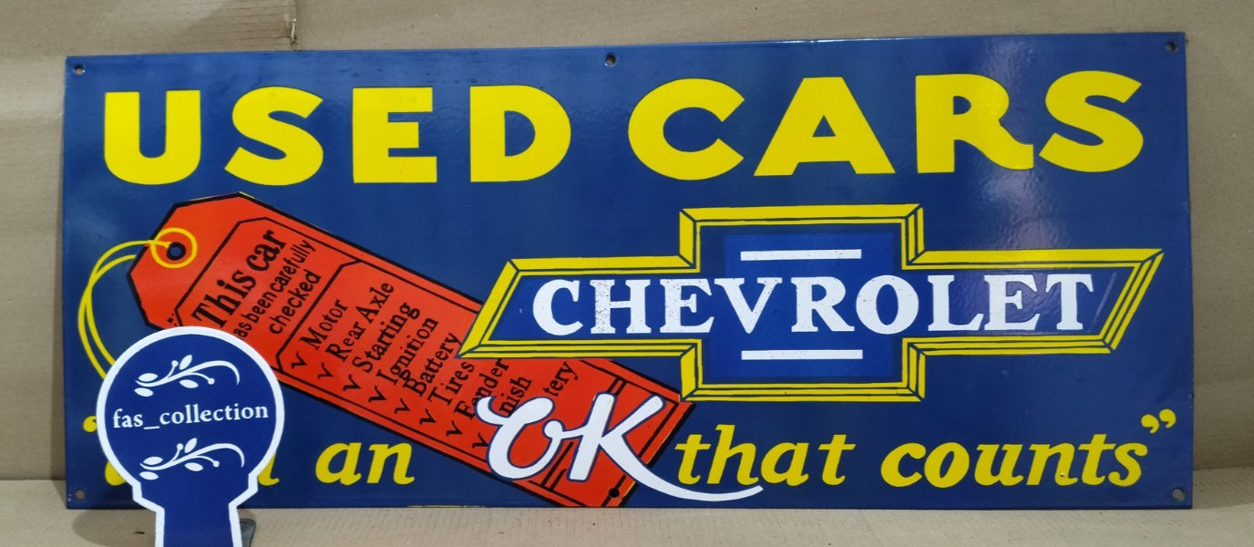 Chevrolet Used cars Porcelain Enamel Sign 36 x 15 Inches 1 Sided