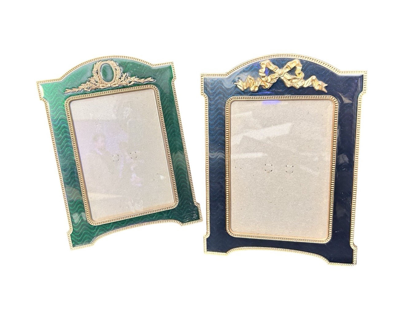 Lot Of 2 Enamel Metal Picture Frames Hollywood Regency Style Blue Green Art Deco