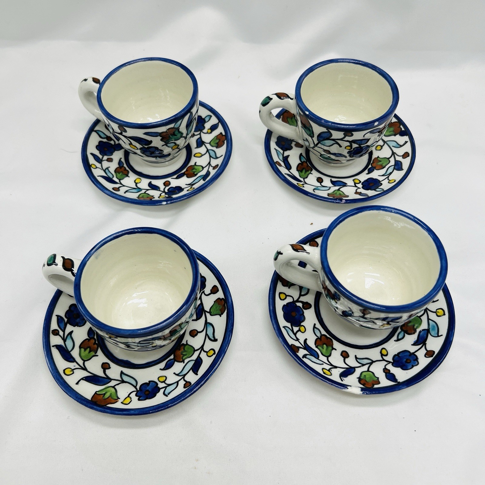VTG Jerusalem Pottery Espresso Cups Set Of 4 Floral Demitasse Collectible READ