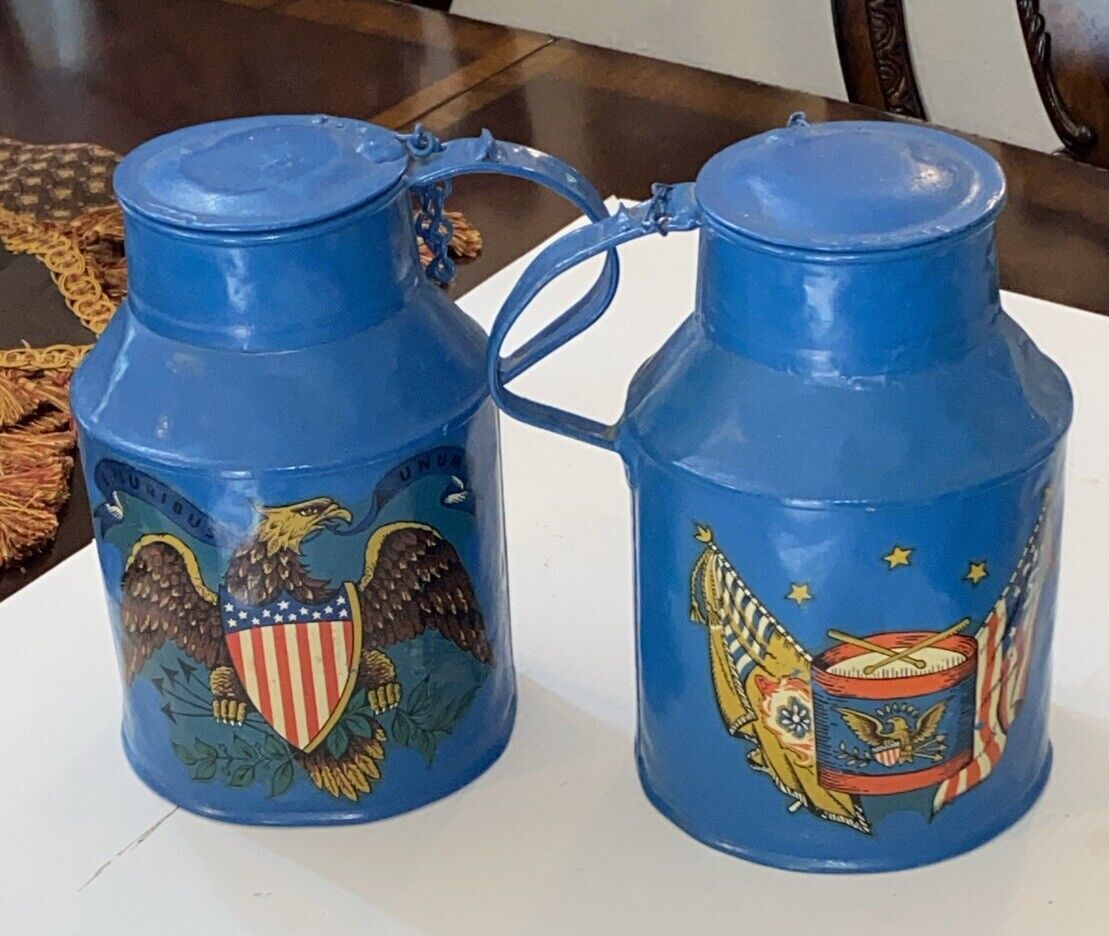 Vintage 2 Cream / Milk Jugs American Flag Eagle Hand Painted Heavy Americana