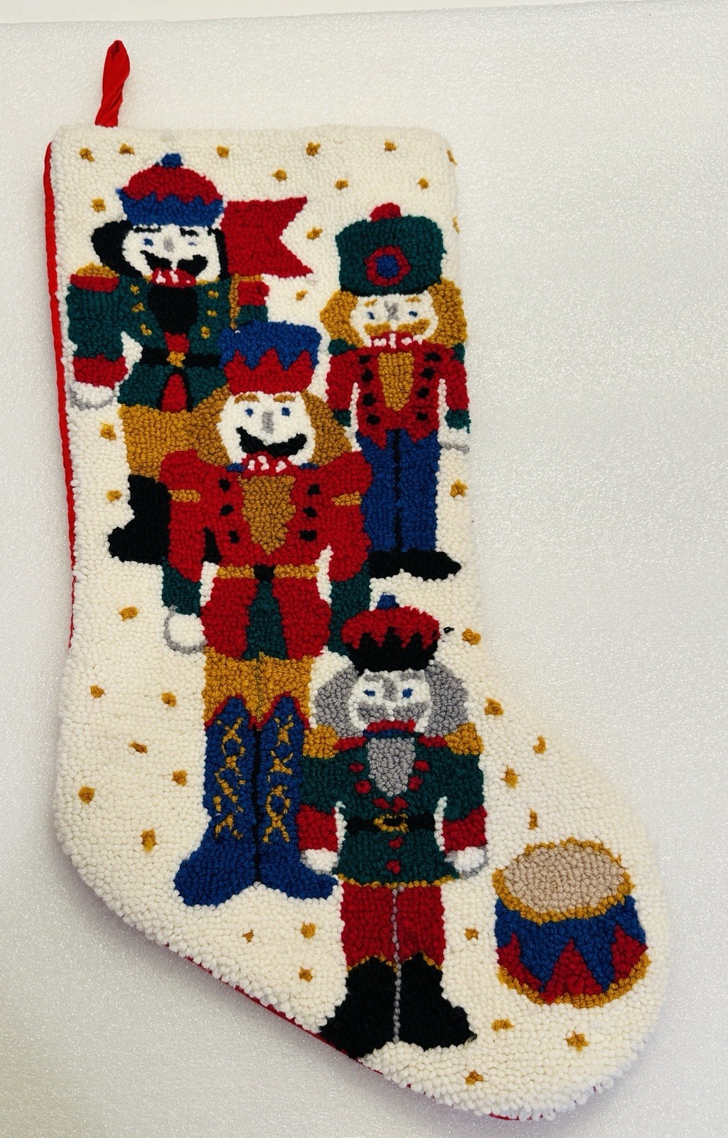 Vtg Latch Hook Loop Christmas Stocking Nutcrackers Toy Soldiers Red Velvet Back