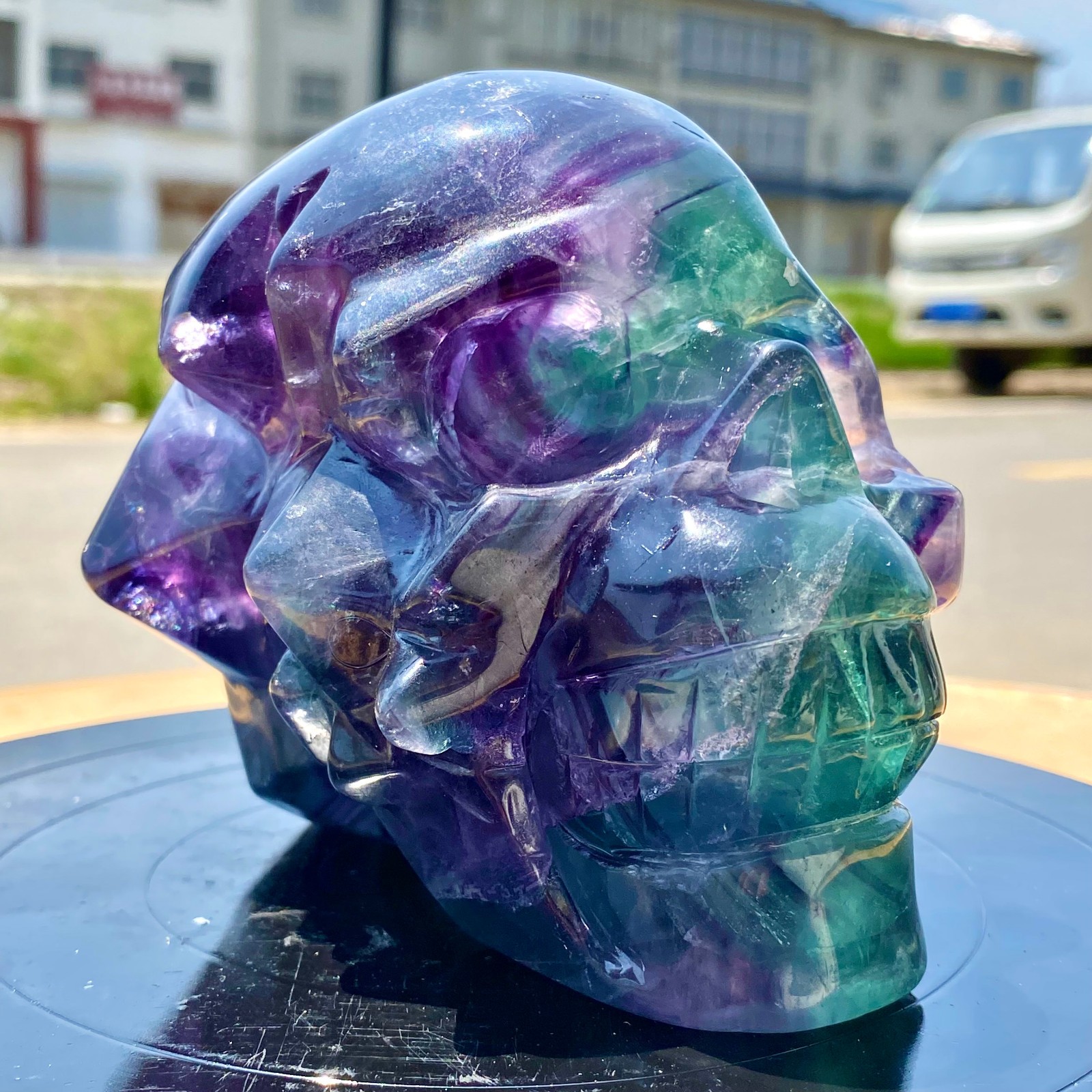 3.41LB Natural Colorful Fluorite Hand Carved Crystal Skull , Crystal Healing