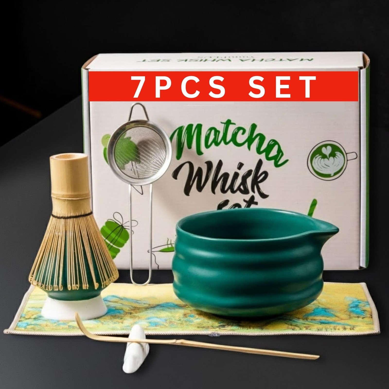 7PCS Ceramic Matcha Set – Traditional Japanese 9.85*7.87*4.52, Dark Green