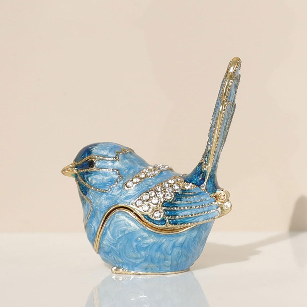 Exquisite Hand – Painted Enamel Blue Bird Trinket Box Hinged Rhinestone – Adorne