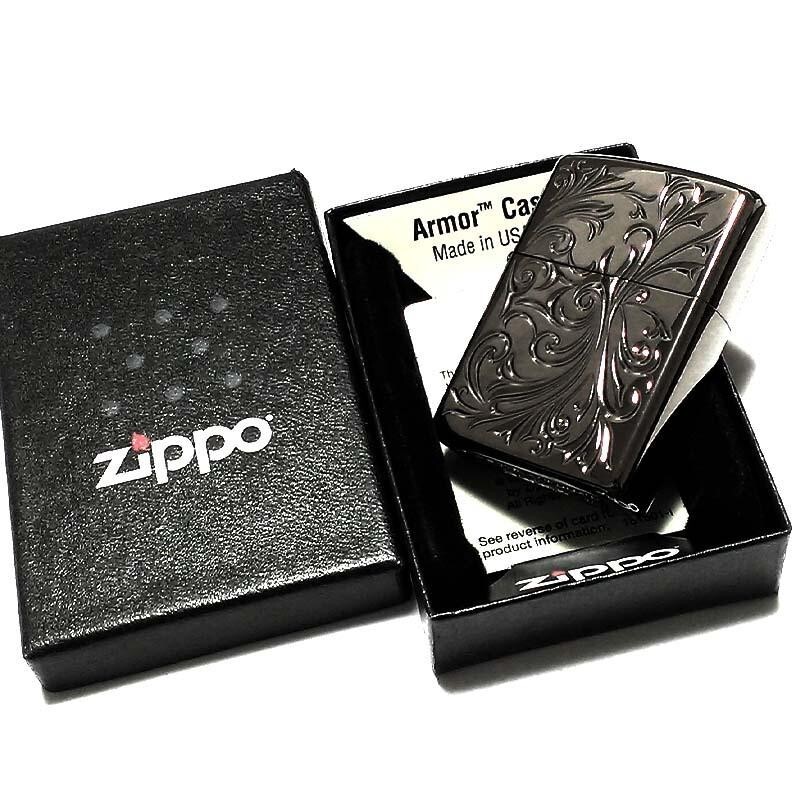 Zippo Oil Lighter Botanical Pattern Black Titanium Coating Armor Case Japan New