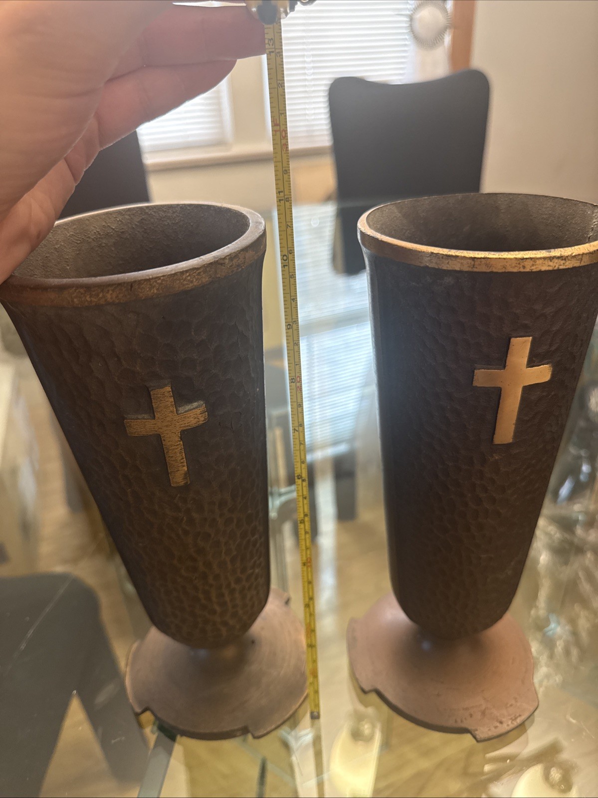 1 Solid Hammered Bronze Cemetery Memorial Flower Vase *Heavy *Cross *Dark Brown