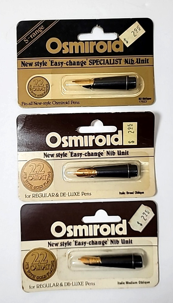 3 Left-Hand Osmiroid “Easy Change” Oblique Nib Units-B3, Italic Broad & Medium