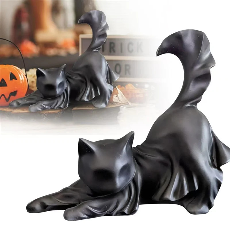Cracker Barrel HALLOWEEN Black Cat Ghost Statue Stretching Figurine 7in/18cm