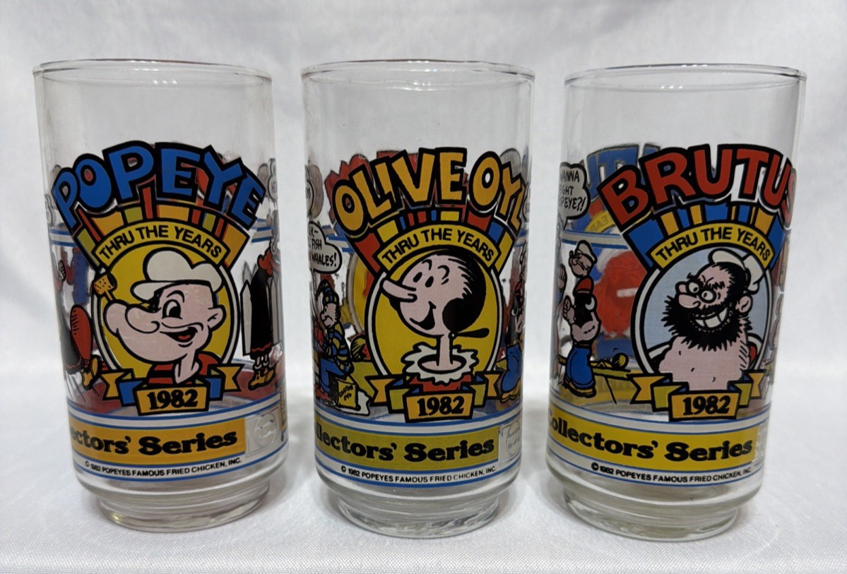 1982 Pepsi Popeyes Through The Years Glasses Popeye Olive Oyl Brutus Set of 3