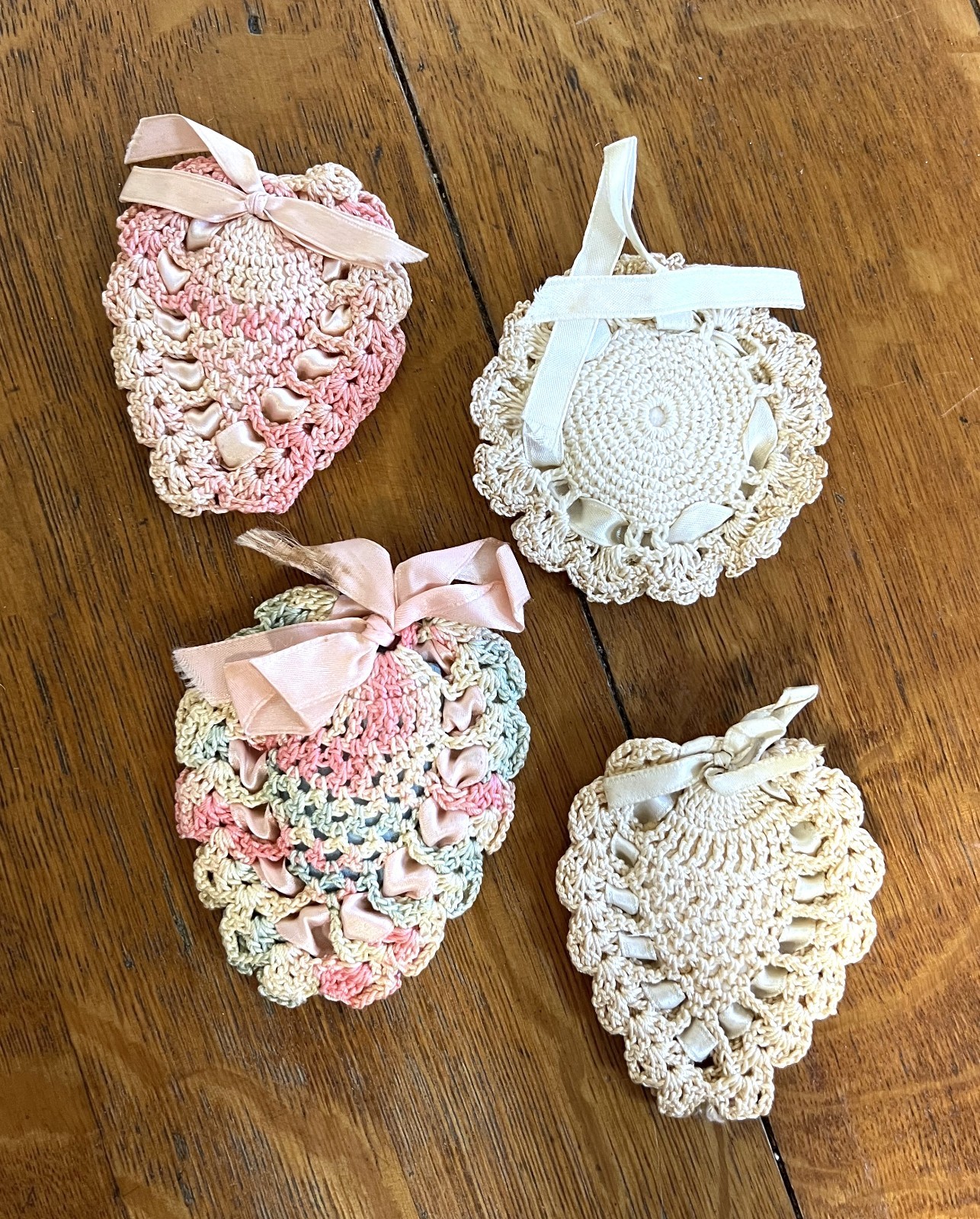 4 Vintage 1930s Hand Crocheted 3″-4″ Sachets Finished with Satin Ribbon