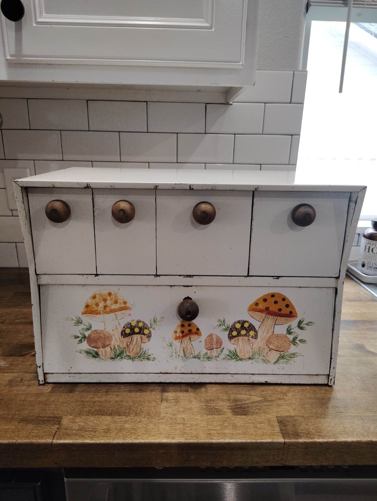 RARE Vtg Krestline Bread Box White Merry Mushroom Metal Kitchen Multiple Drawers