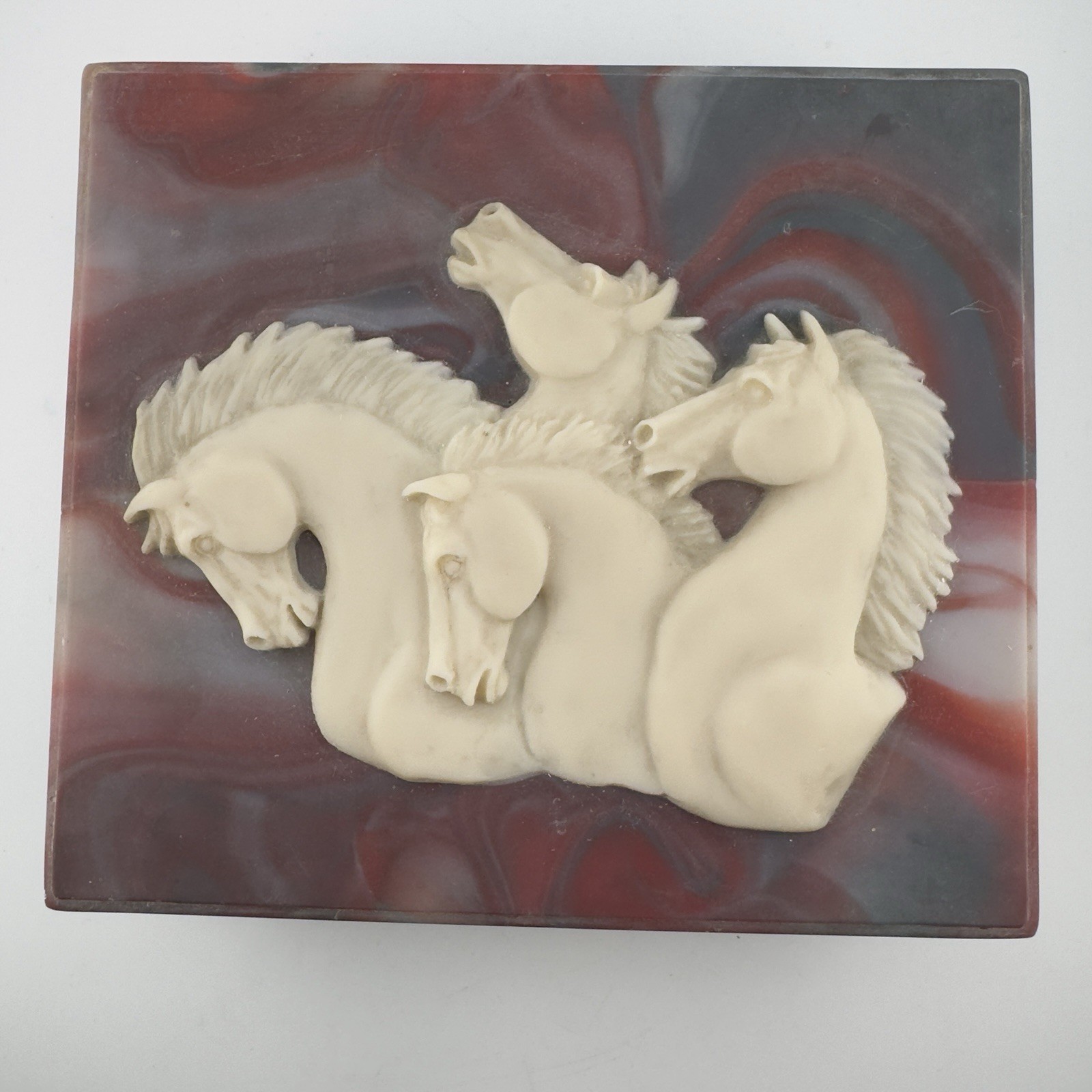 8″ Incolay Stone Trinket Jewelry Box Horses Stallions Relief Carved Vintage