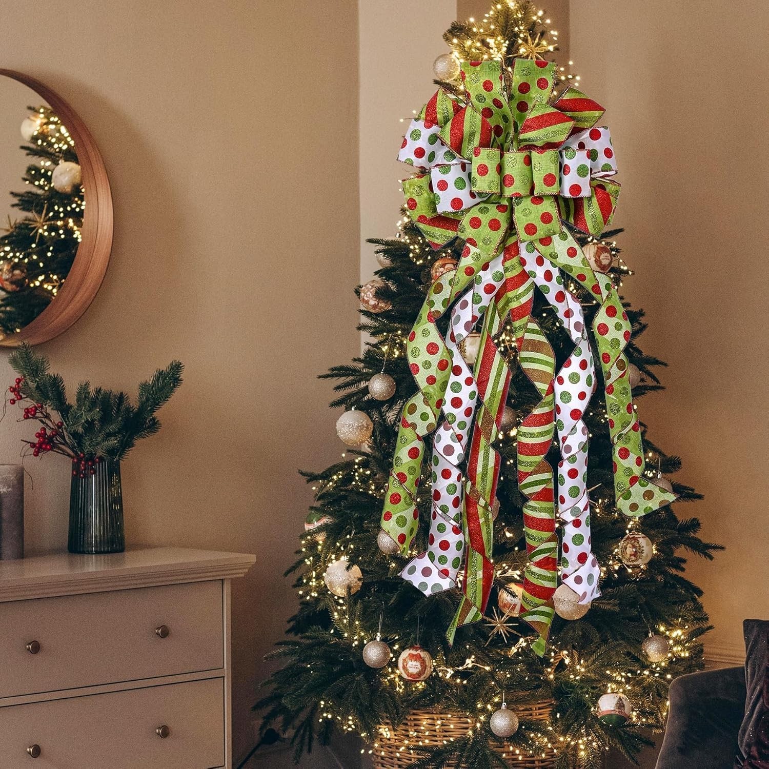Christmas Tree Topper Wreath Bow Large Green Christmas Bow Tree Topper, Red G…