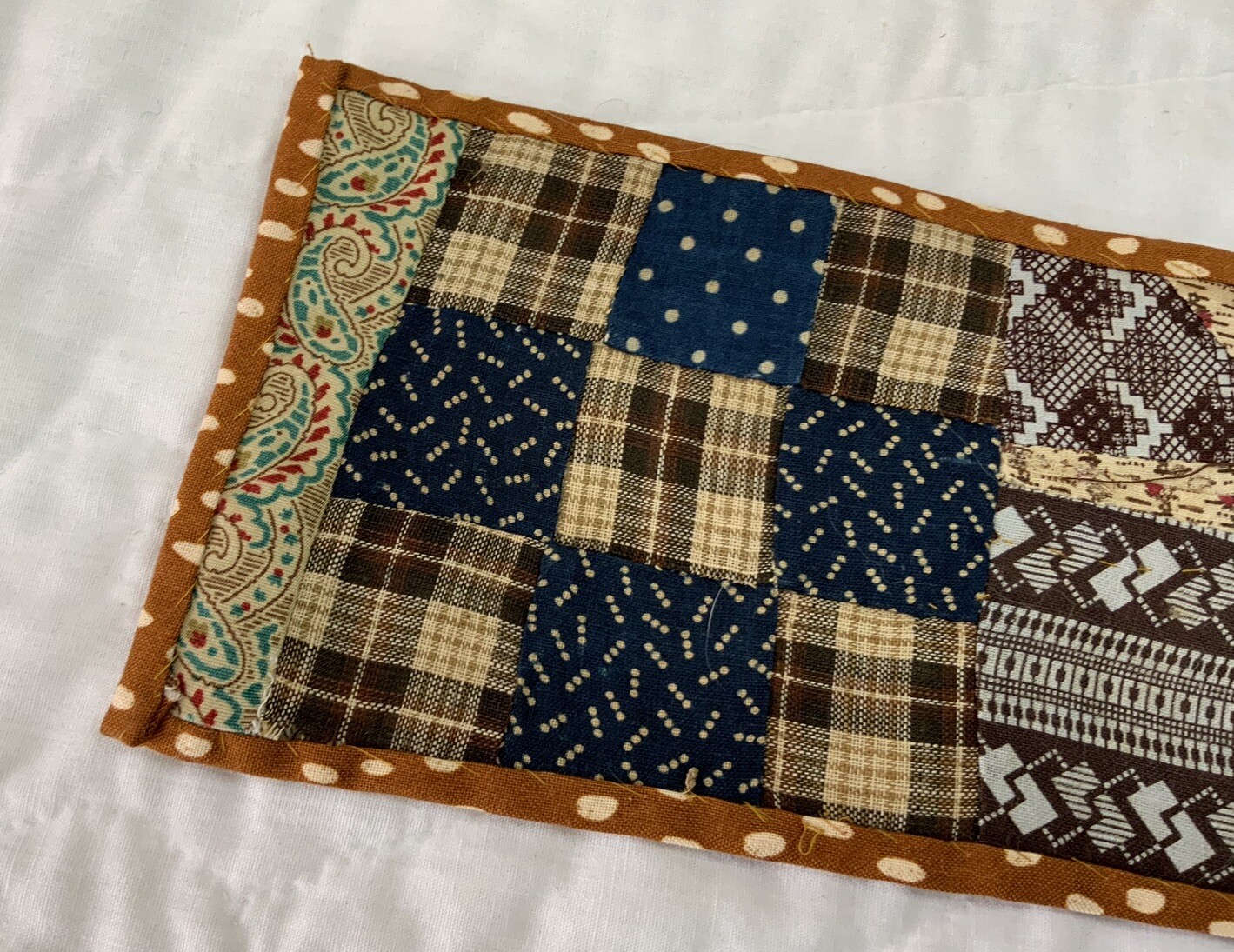 Antique Vintage Table Topper, Rectangle, Nine Patch, Early Calicos, Brown