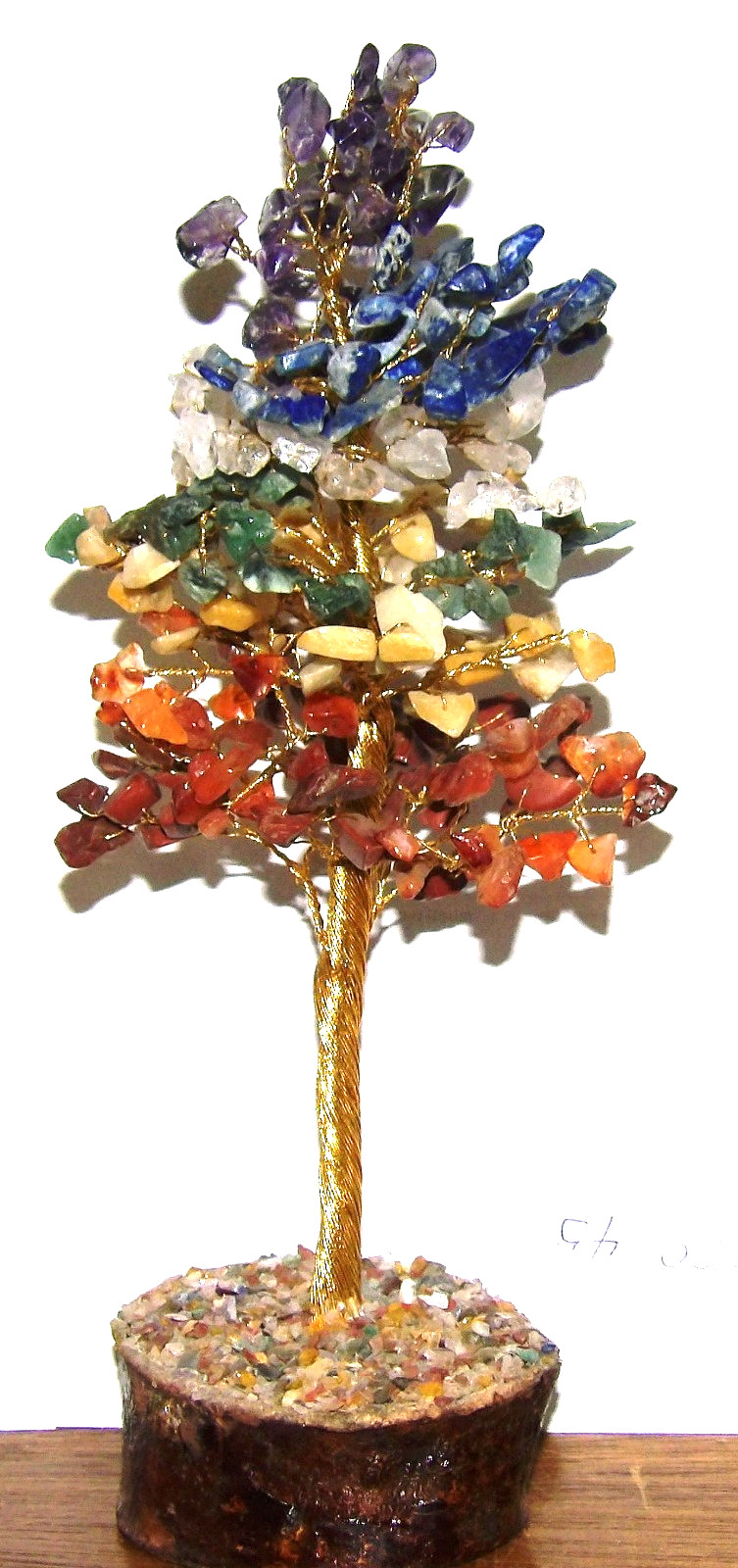 Semi – Precious Gem Tree – Chakra Colors – Gold Color Tree Trunk, 300 gems 9″
