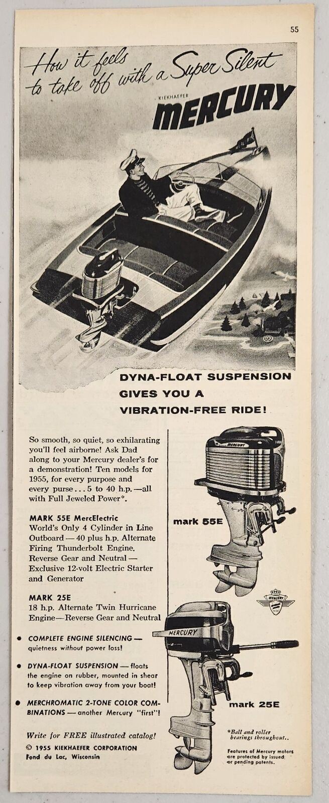 1955 Print Ad Mercury Mark 55E & 25E Outboard Motors Man in Speed Boat